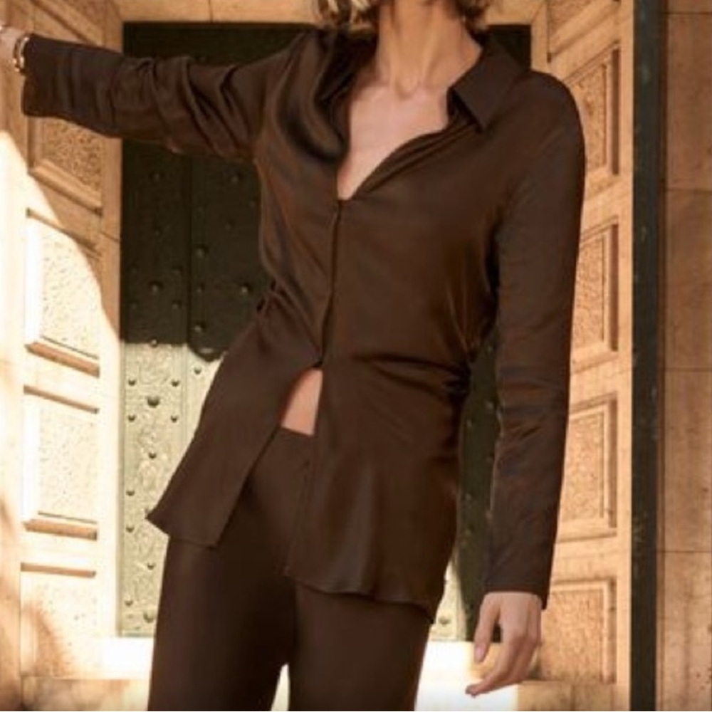 New with tags Zara satin Brown ruched side long sleeve button  blouse - Picture 2 of 3